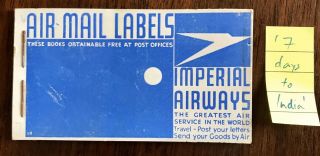 1930s Imperial Airways Airmail Etiquette Booklet Labels India 7 Days Stapled.