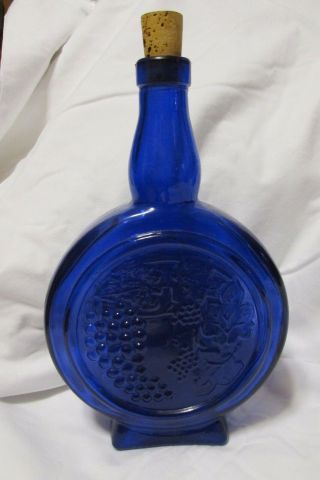 Vintage Round Cobalt Blue Glass Large Bottle 10 " Italy Pressed Fruit