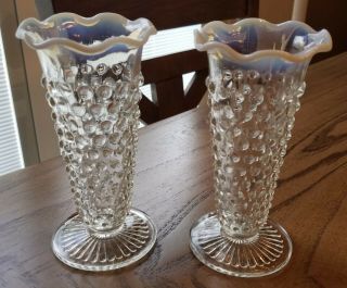 2 - Vintage Fenton Moonstone Hobnail White Opalescent Vase With Fluted Edge Clear