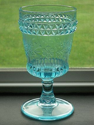 Early American Glass Wildflower Blue Goblet Adams Co.  1874 & U.  S.  Glass 1891
