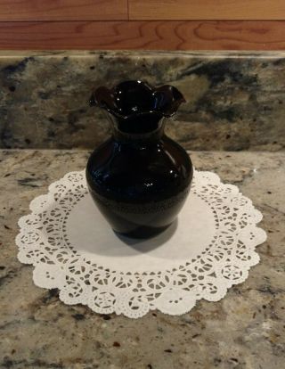 Small Vintage Deep Purple Amethyst Art Glass Bud Vase With Ruffled Top Rim