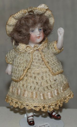 Vintage All Bisque Doll - 4 " Tall - No.  0/2 - Girl In Dress
