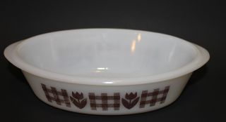 Glasbake Oval 1 Quart Dish Tulip And Gingham Brown Vintage