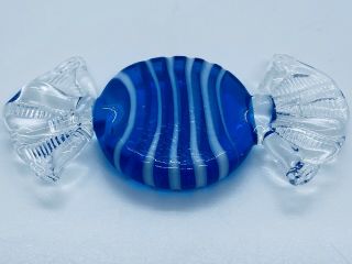 Vintage Hand Blown Blue Striped Murano Art Glass Wrapped Candy Swirl Sculpture