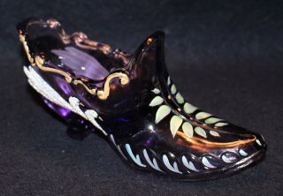 Fenton Hand Painted Amethyst Shoe With Swans Signed By Artist