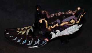 FENTON HAND PAINTED AMETHYST SHOE WITH SWANS SIGNED BY ARTIST 3