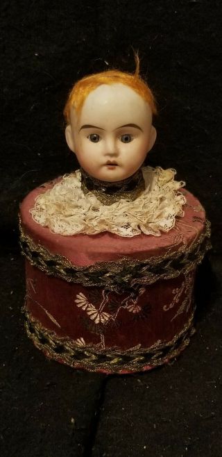 Antique Mignonette Glass Eyes Bisque Doll Head Box Cardboard Candy Container