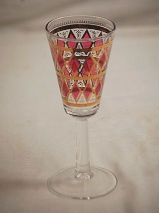 Old Vintage Stemmed Wine Glass W Gold & Pink Diamond Pattern Glassware Barware