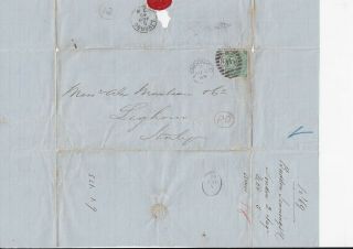 Lot:35552 GB QV cover 1s Green on cover to Italy from London Dated 2 Aug 1869 2