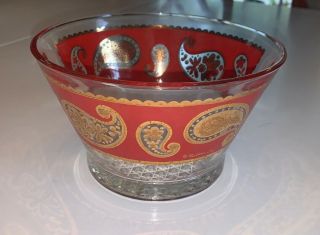 Vintage Mid Century Hollywood Regency Culver Red 22k Gold Paisley Glass Bowl