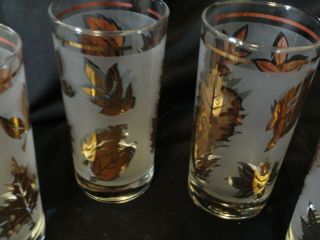 Set Of 6 Vintage Libbey Gold Foliage Leaf Frosted Drinking Glasses Tumblers mcm 2