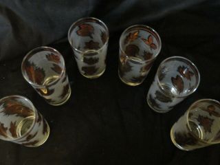 Set Of 6 Vintage Libbey Gold Foliage Leaf Frosted Drinking Glasses Tumblers mcm 3
