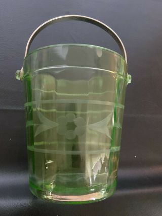 6 " Tall Green Depression Glass Ice Bucket Optic Panel Sides Floral Etched