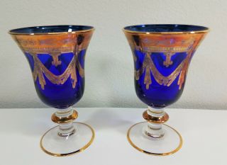 2 Vintage Cobalt Blue With Gold Glass Enamel Wine Or Water Glass