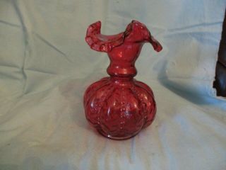 Vintage Fenton Cranberry Beaded Melon Vase 6 "