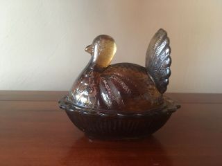 Vtg Amber Glass Turkey On Nest