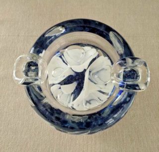 St.  Clair Hand Blown Glass Ashtray Paperweight Cobalt Blue White Trumpet Flowers
