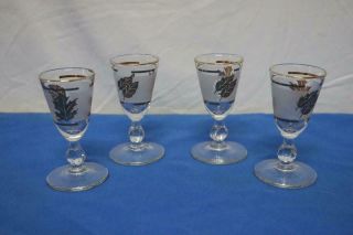 4 Vintage Libbey Frosted Golden Foliage Cordials Liquior Stemware Glass Set