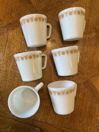 Set Of 6 Vintage Pyrex Butterfly Gold Milk Glass D - Handle 70’s Coffee Mugs