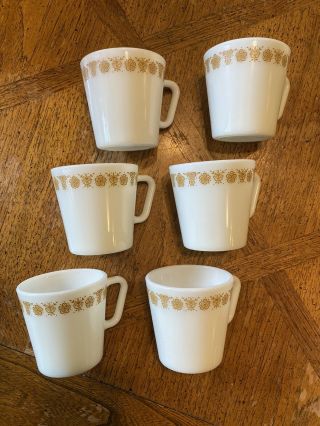 Set Of 6 Vintage PYREX Butterfly Gold Milk Glass D - Handle 70’s Coffee Mugs 2