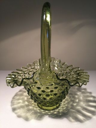 Vintage Fenton Art Glass Colonial Green Hobnail Basket Ruffled Edge -