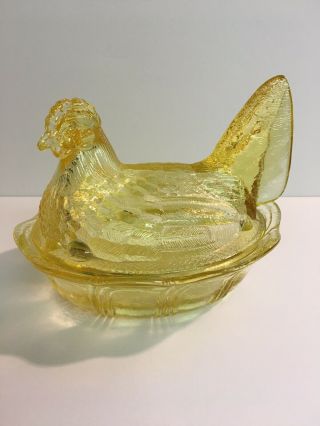Fenton Art Glass Yellow Covered Chicken - Hen On Nest Dish