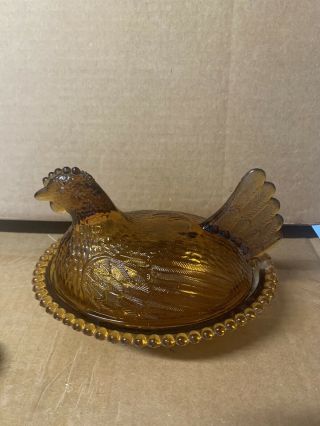 Vintage Indiana Glass Amber Chicken Hen On Nest Candy Dish