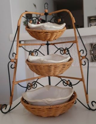 Princess House Casual Home 3 Tier Wire Wicker Stand W/bowls