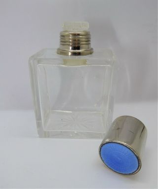 Art Deco Blue Guilloche Enamel Chrome Glass Perfume Scent Cologne Bottle 30 