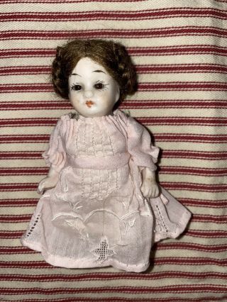 Antique German All Bisque Glass Eyed Chubby Dollhouse Doll