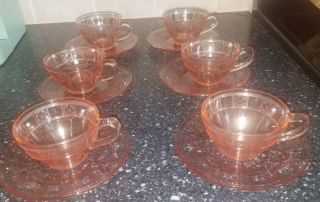 Set Of 6 Doric Pink Depression Glass Cups With Saucers