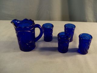 Cobalt Blue Glass Miniature Childs Peacocks Water Set - Pitcher & 4 Tumblers