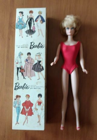 1963 Barbie Doll No.  850 Ash Blonde Bubble Cut Hair With Box & Stand
