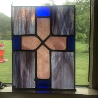 Stained Glass Panel Cross Royal Blue Purple Pink 12 " X 9 1/4 " Read