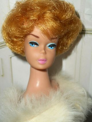 Vintage Blonde Bubblecut Barbie Doll In Enchanted Evening Dress Fur Wrap,  Heels