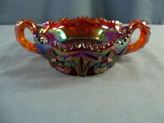 L.  E.  Smith Red Carnival Glass Saw Tooth Edge 2 Handled Bonbon Nappy Dish