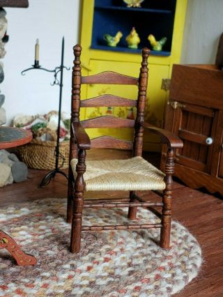 Dollhouse Miniature Artisan George Hoffman Arm Chair Rush Seat Signed 1:12