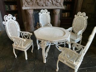 Vintage Miniature Dollhouse Set White Wicker Metal Garden Patio Table & Chairs