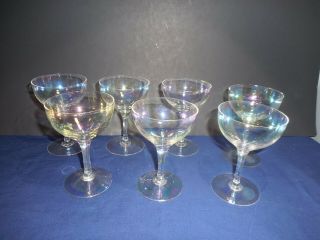 7 Vintage Iridescent Saucer Champagne Glasses 4 " Rainbow