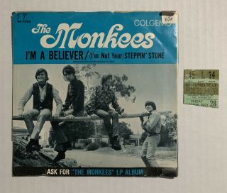 The Monkees July 28 1967 Cincinnati Gardens Ticket Stub & I’m A Believer Colgems