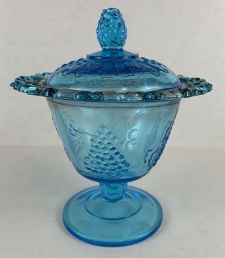 Indiana Blue Carnival Glass Harvest Grape Compote,  Candy Box,  Spooner Lace Edge
