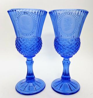Vintage Fostoria George & Martha Washington Cobalt Blue Goblets Candle Holders 3