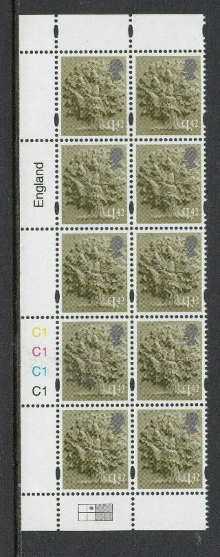 England 2020 £1.  42 X 10 English Oak Tree Stamp Sg.  No.  En57 Cylinder C1 Block Mnh