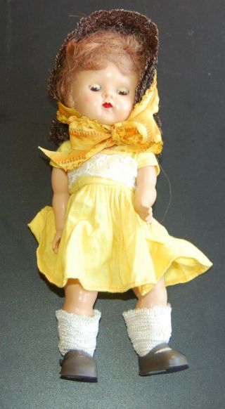 Vintage 1954 Painted Lash Walker Ginny Vogue 8 " Doll In Yellow Dress Sun Hat