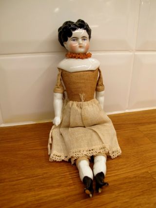 Antique German Glazed China Head Arms And Legs Doll With Cloth Body
