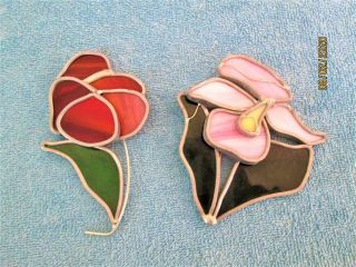 2 Vintage Tiffany Stained Glass Pink & Red Flower Sun Catchers