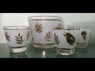 Vintage Libbey Frosted Gold Leaf: 3 Lowball Tumbler Glasses,  1 Ice Bucket.