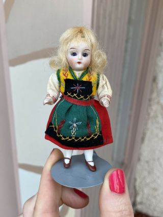 3.  5 " Antique All Bisque German Doll Glass Eyes Regional Outfit