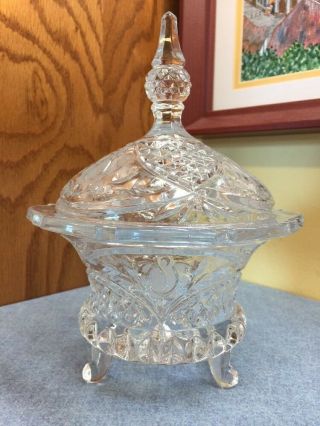 Vintage Clear Crystal Etched Rose Footed Candy Dish W/ Steeple Lid.  Heavy