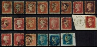 Gb Qv 1854 - 1858 1d Red & 2d Blue Star Stamps X 21 Perf 16 & 14 Various Cancels